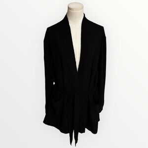 EILEEN FISHER Wool Black Open Front Long Cardigan Tie Belt Luxury Work Casual XL